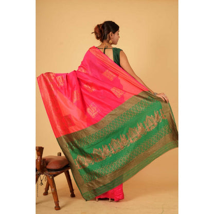 Isadora Life Womens Woven Zari Pink Pre-Draped Saree With Unstitched Blouse