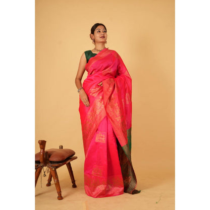 Isadora Life Womens Woven Zari Pink Pre-Draped Saree With Unstitched Blouse
