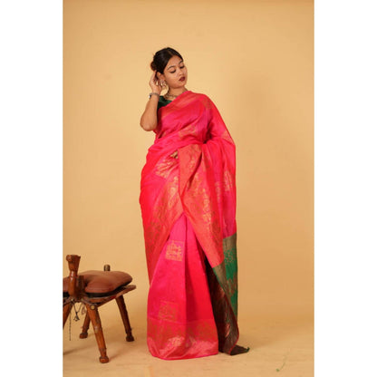 Isadora Life Womens Woven Zari Pink Pre-Draped Saree With Unstitched Blouse