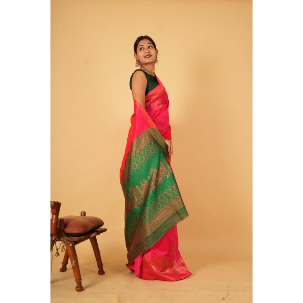 Isadora Life Womens Woven Zari Pink Pre-Draped Saree With Unstitched Blouse