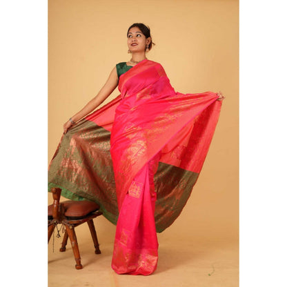 Isadora Life Womens Woven Zari Pink Pre-Draped Saree With Unstitched Blouse