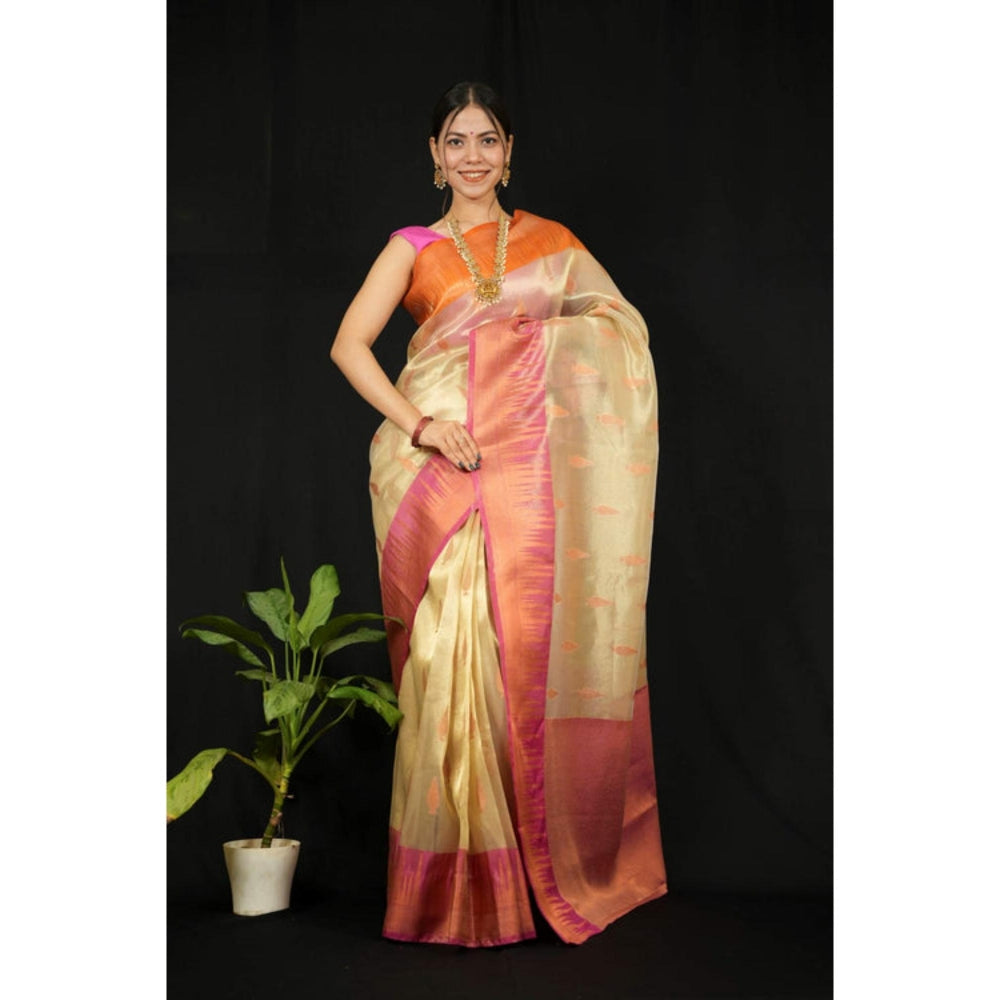 Isadora Life Womens Woven Zari Beige Pre-Draped Saree With Unstitched Blouse