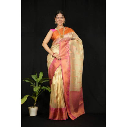 Isadora Life Womens Woven Zari Beige Pre-Draped Saree With Unstitched Blouse