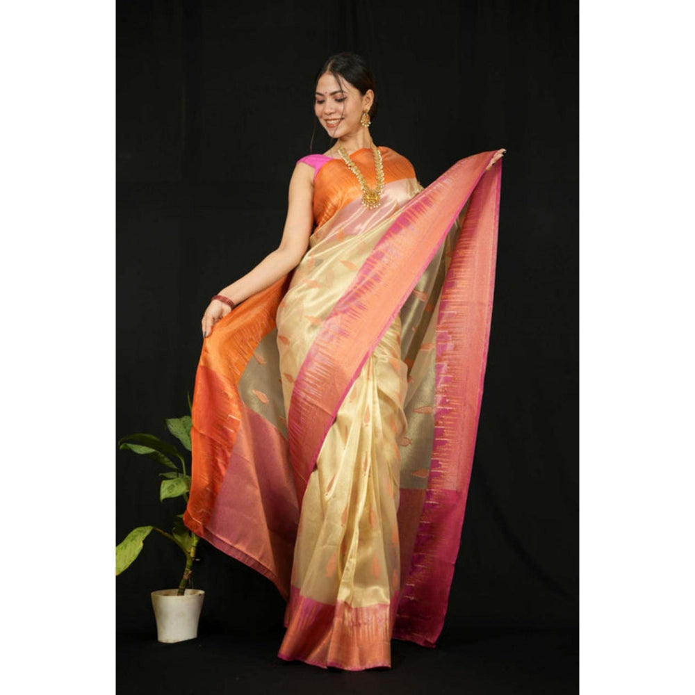 Isadora Life Womens Woven Zari Beige Pre-Draped Saree With Unstitched Blouse