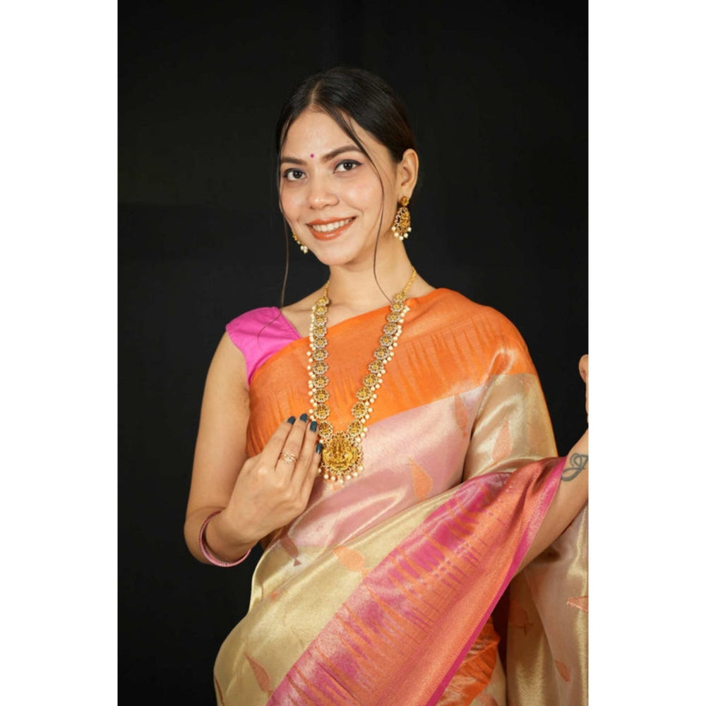 Isadora Life Womens Woven Zari Beige Pre-Draped Saree With Unstitched Blouse