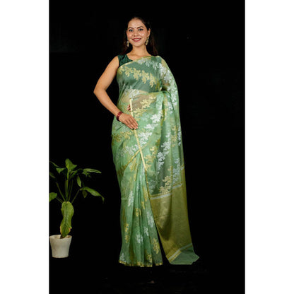 Isadora Life Womens Embroidered Zari Green Pre-Draped Saree With Unstitched Blouse