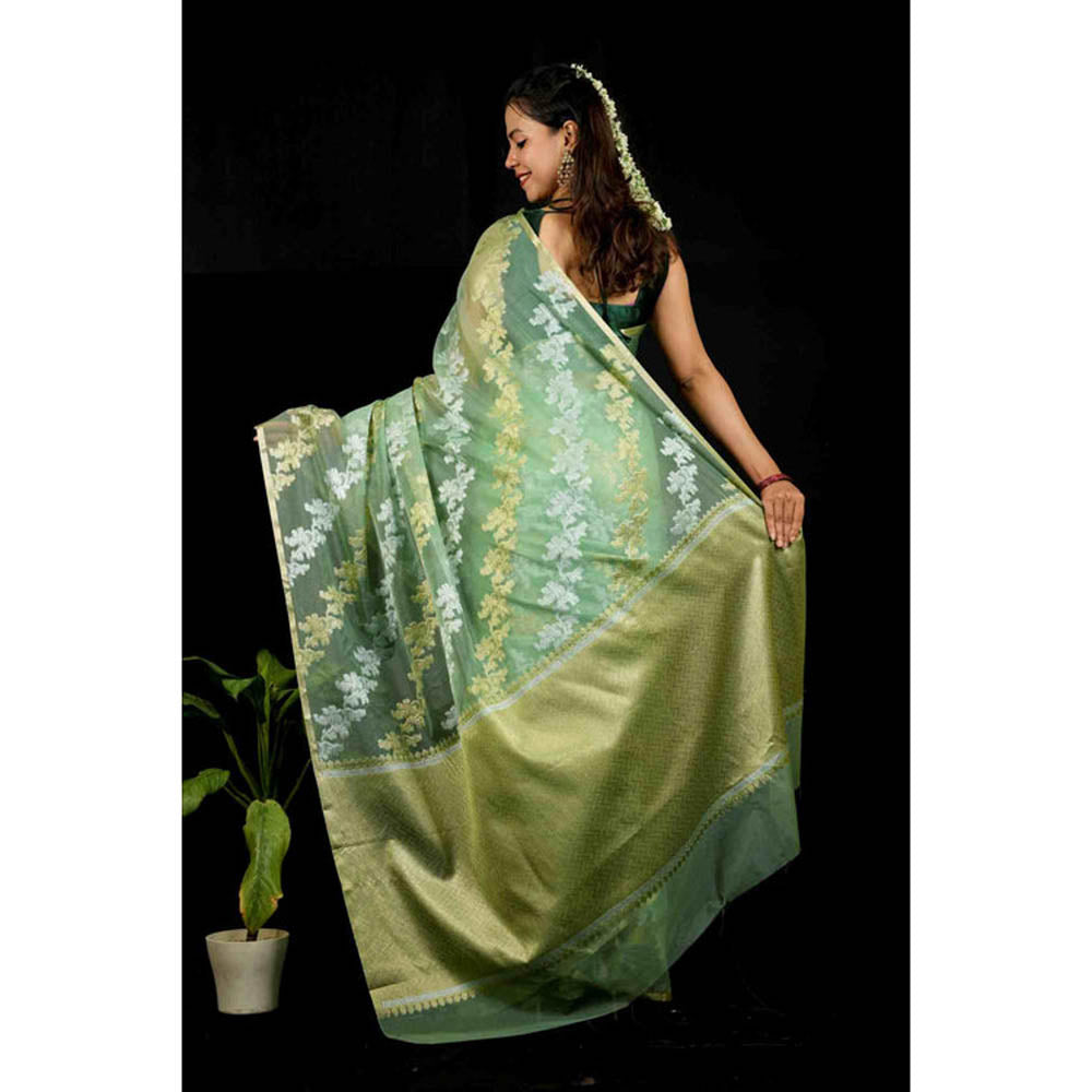 Isadora Life Womens Embroidered Zari Green Pre-Draped Saree With Unstitched Blouse