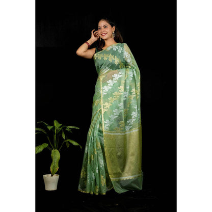 Isadora Life Womens Embroidered Zari Green Pre-Draped Saree With Unstitched Blouse