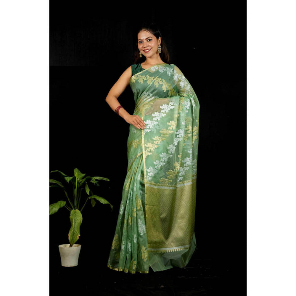 Isadora Life Womens Embroidered Zari Green Pre-Draped Saree With Unstitched Blouse