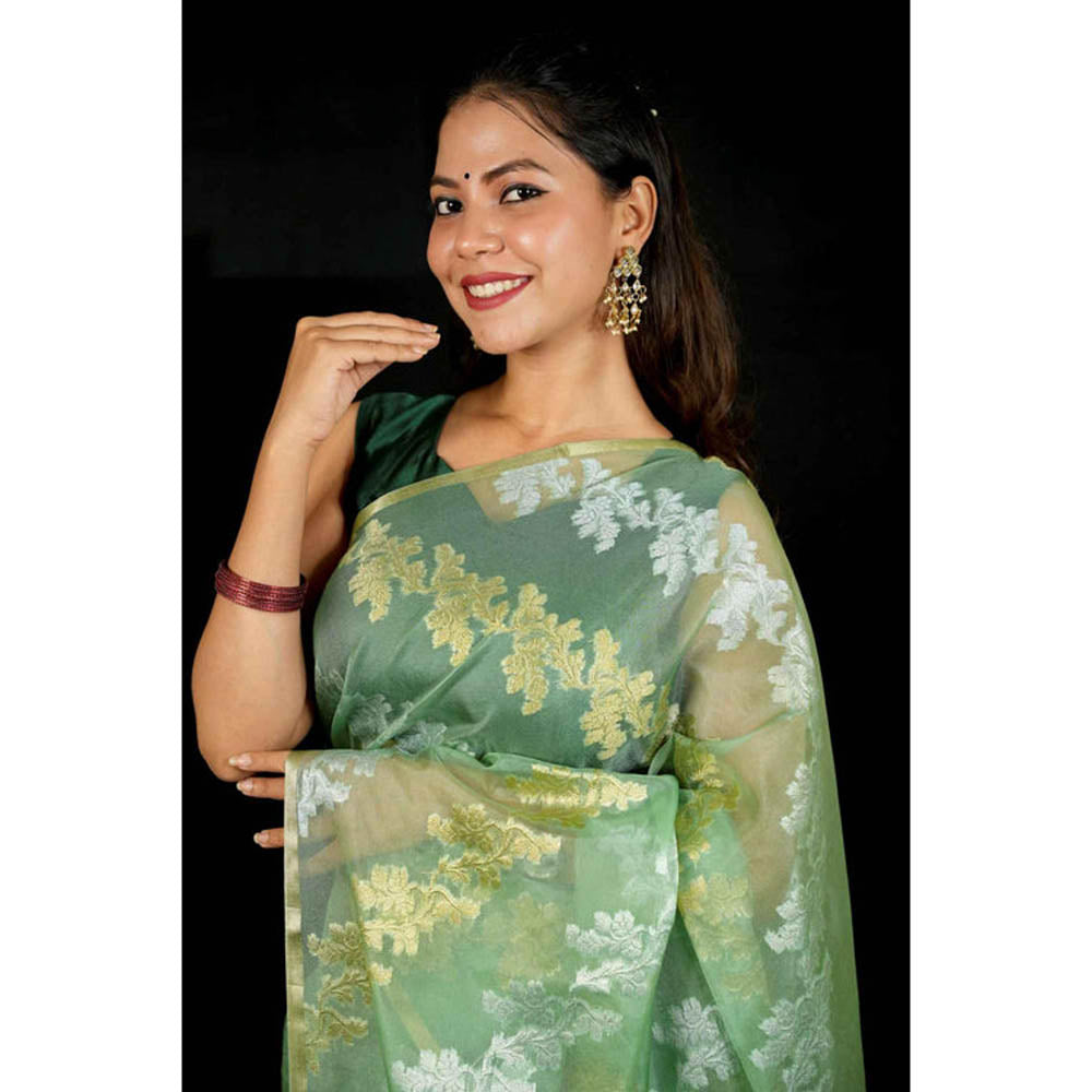 Isadora Life Womens Embroidered Zari Green Pre-Draped Saree With Unstitched Blouse