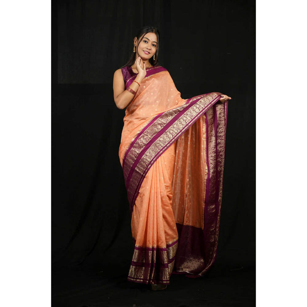 Isadora Life Womens Woven Zari Orange Pre-Draped Saree With Unstitched Blouse