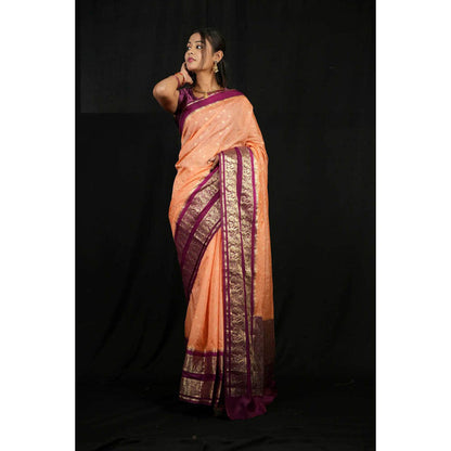 Isadora Life Womens Woven Zari Orange Pre-Draped Saree With Unstitched Blouse