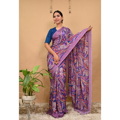 Isadora Life Womens Printed Purple Pre-Draped Saree With Unstitched Blouse