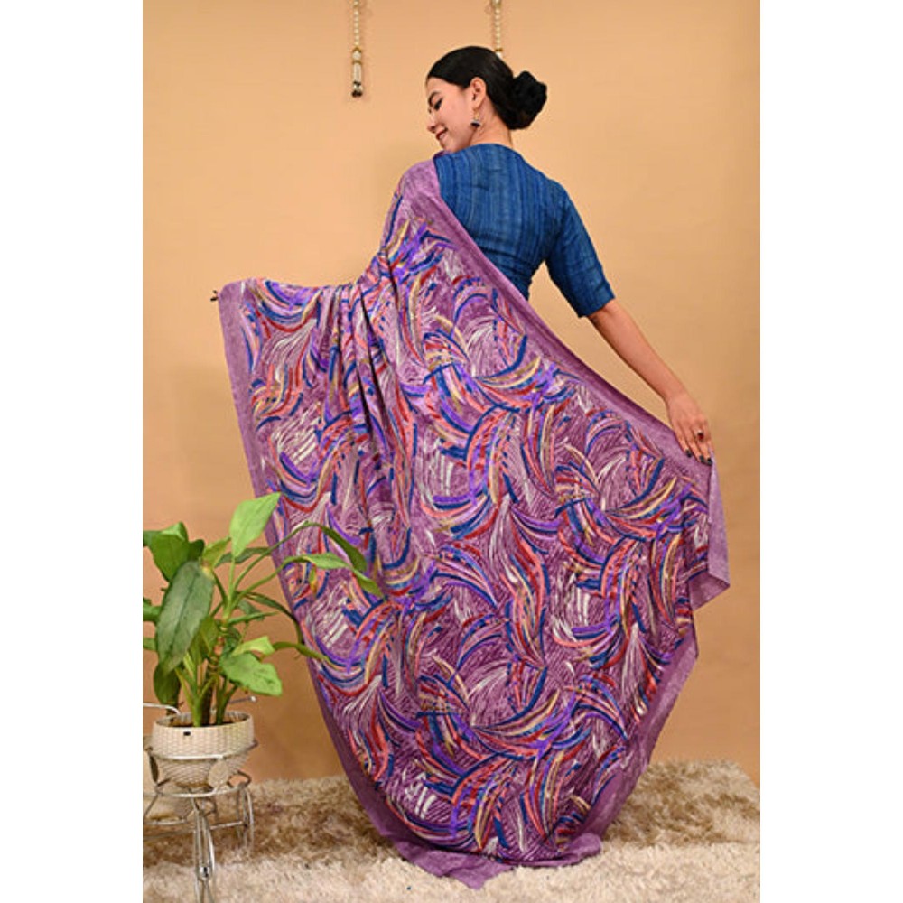 Isadora Life Womens Printed Purple Pre-Draped Saree With Unstitched Blouse