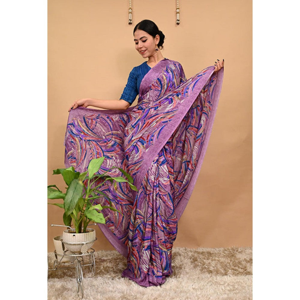 Isadora Life Womens Printed Purple Pre-Draped Saree With Unstitched Blouse