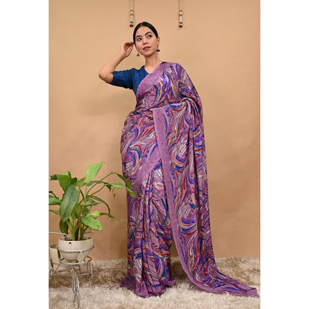 Isadora Life Womens Printed Purple Pre-Draped Saree With Unstitched Blouse