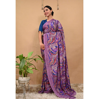 Isadora Life Womens Printed Purple Pre-Draped Saree With Unstitched Blouse