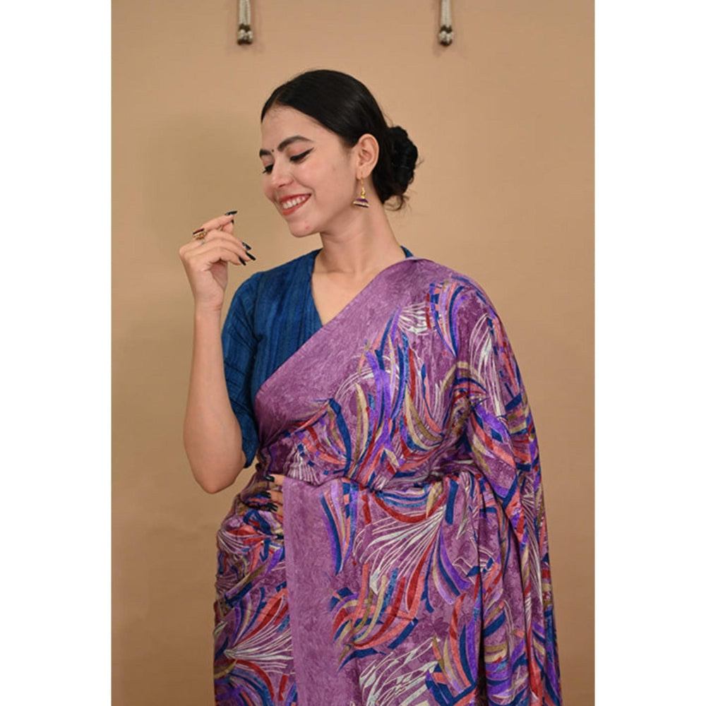 Isadora Life Womens Printed Purple Pre-Draped Saree With Unstitched Blouse