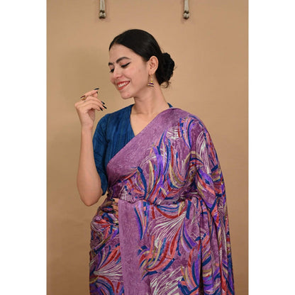 Isadora Life Womens Printed Purple Pre-Draped Saree With Unstitched Blouse