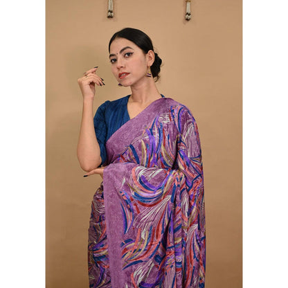 Isadora Life Womens Printed Purple Pre-Draped Saree With Unstitched Blouse