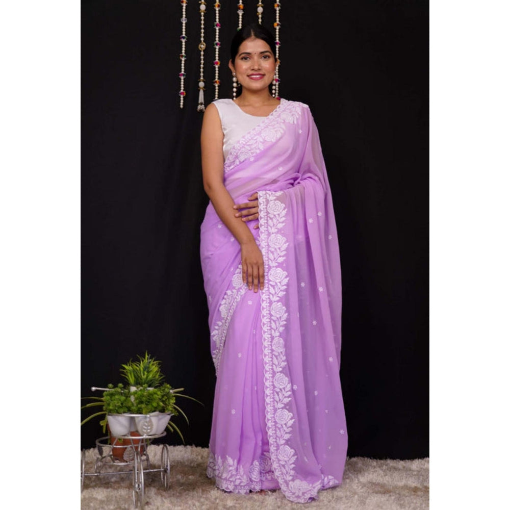 Isadora Life Womens Embroidered Thread Work Lavender Pre-Draped Saree With Unstitched Blouse