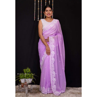 Isadora Life Womens Embroidered Thread Work Lavender Pre-Draped Saree With Unstitched Blouse