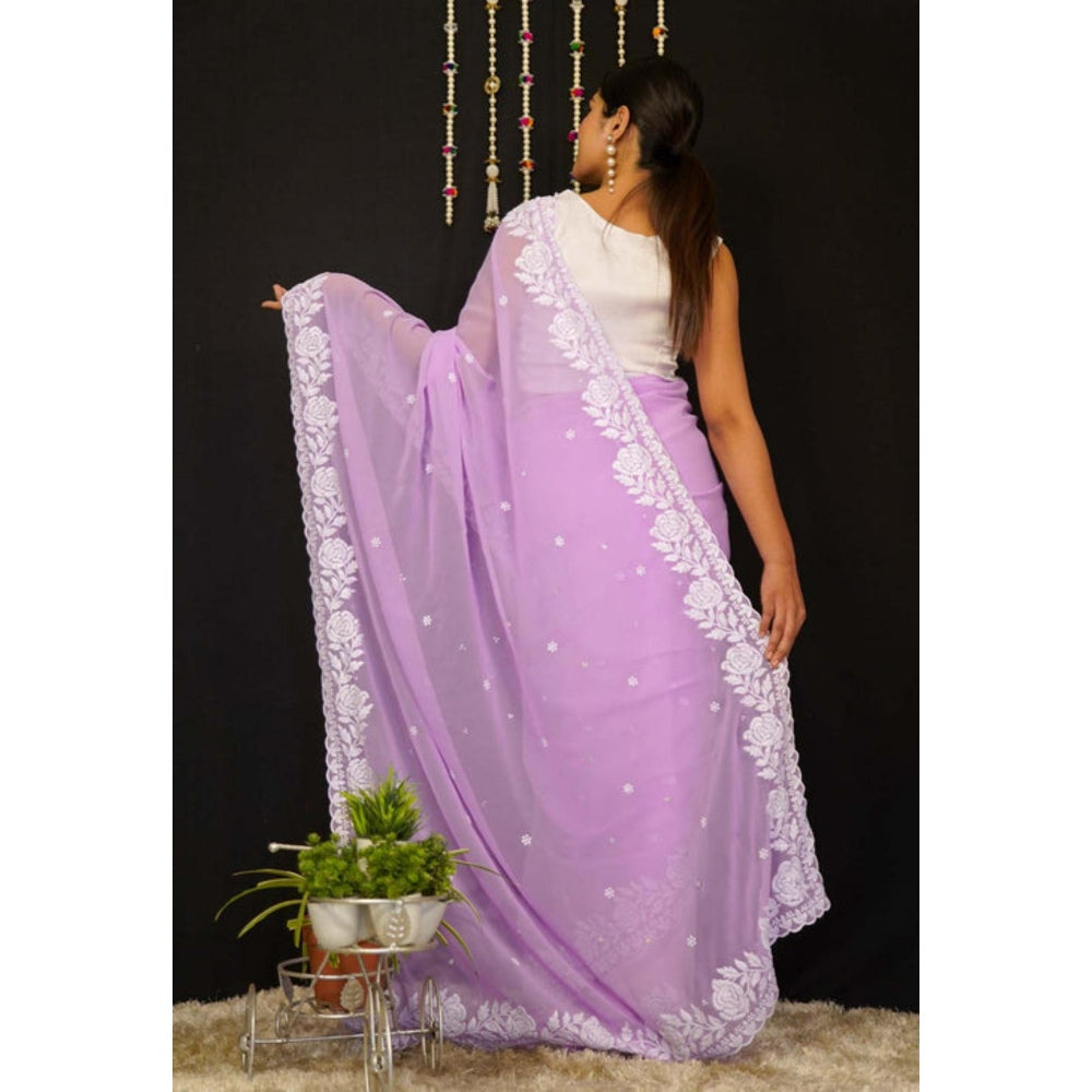 Isadora Life Womens Embroidered Thread Work Lavender Pre-Draped Saree With Unstitched Blouse
