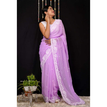 Isadora Life Womens Embroidered Thread Work Lavender Pre-Draped Saree With Unstitched Blouse