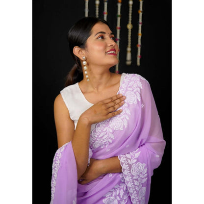 Isadora Life Womens Embroidered Thread Work Lavender Pre-Draped Saree With Unstitched Blouse