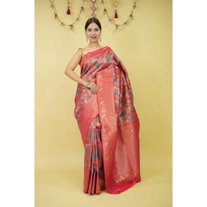 Isadora Life Womens Floral Zari Pink Pre-Draped Saree With Unstitched Blouse