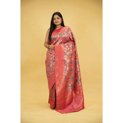 Isadora Life Womens Floral Zari Pink Pre-Draped Saree With Unstitched Blouse