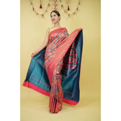 Isadora Life Womens Floral Zari Pink Pre-Draped Saree With Unstitched Blouse