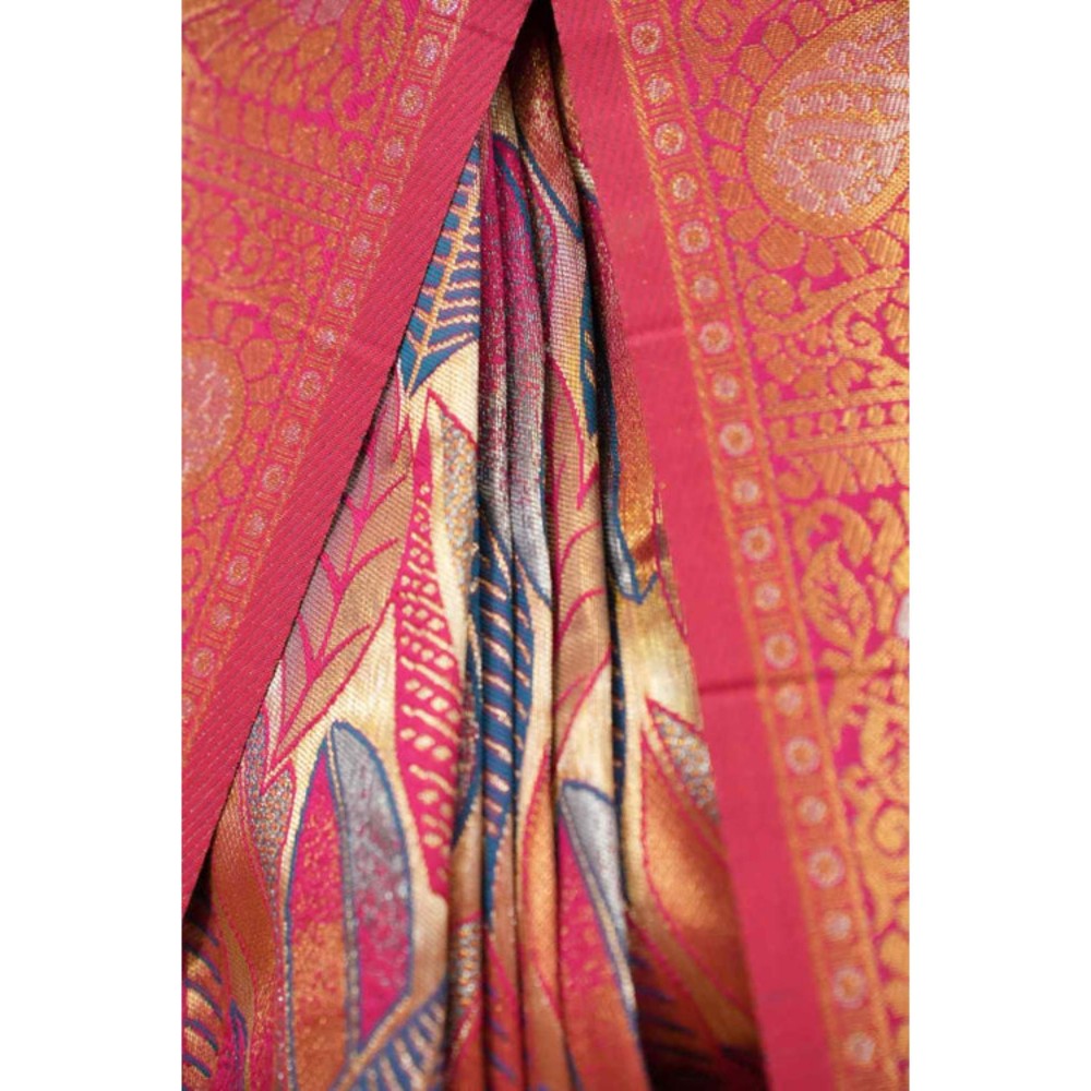Isadora Life Womens Floral Zari Pink Pre-Draped Saree With Unstitched Blouse