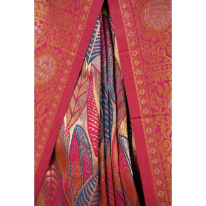 Isadora Life Womens Floral Zari Pink Pre-Draped Saree With Unstitched Blouse