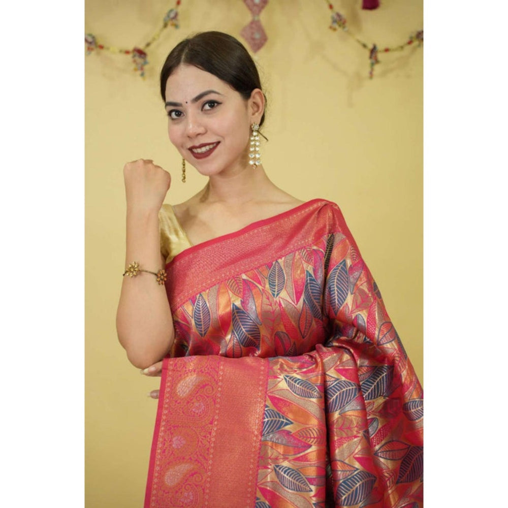 Isadora Life Womens Floral Zari Pink Pre-Draped Saree With Unstitched Blouse