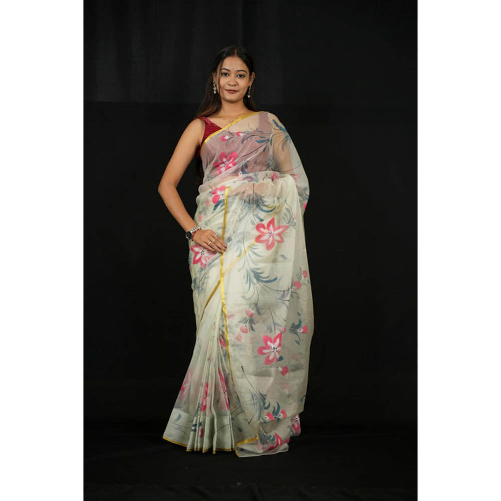 Isadora Life Womens Floral Printed Cream Pre-Draped Saree With Unstitched Blouse