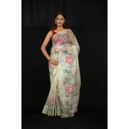 Isadora Life Womens Floral Printed Cream Pre-Draped Saree With Unstitched Blouse
