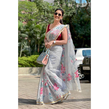 Isadora Life Womens Floral Printed Cream Pre-Draped Saree With Unstitched Blouse