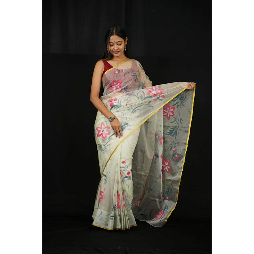 Isadora Life Womens Floral Printed Cream Pre-Draped Saree With Unstitched Blouse