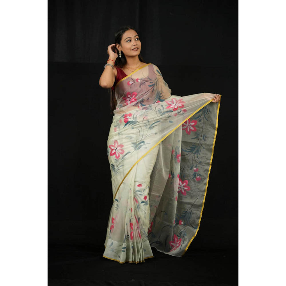 Isadora Life Womens Floral Printed Cream Pre-Draped Saree With Unstitched Blouse