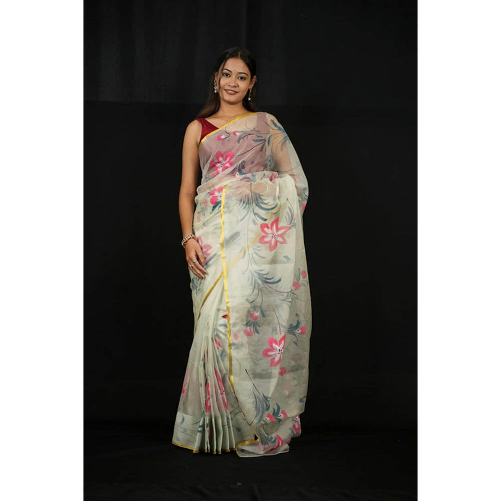 Isadora Life Womens Floral Printed Cream Pre-Draped Saree With Unstitched Blouse