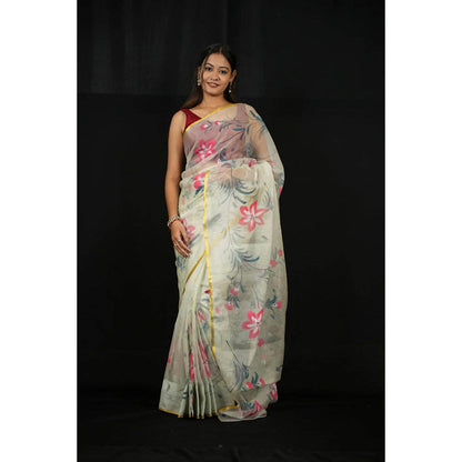 Isadora Life Womens Floral Printed Cream Pre-Draped Saree With Unstitched Blouse