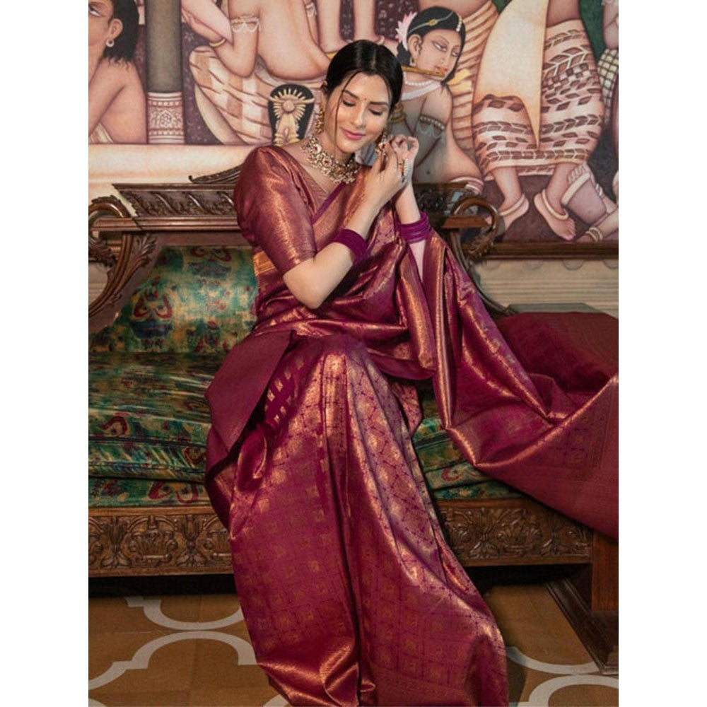 Isadora Life Womens Woven Zari Maroon Pre-Draped Saree With Unstitched Blouse