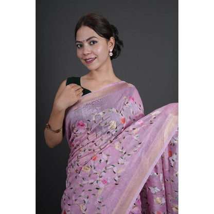Isadora Life Womens Floral Embroidered Pink Pre-Draped Saree With Unstitched Blouse