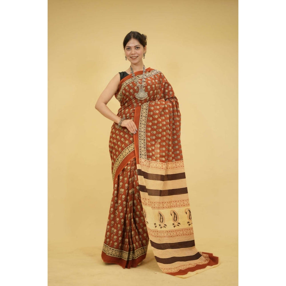 Isadora Life Womens Floral Printed Brown Pre-Draped Saree With Unstitched Blouse