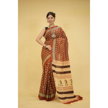 Isadora Life Womens Floral Printed Brown Pre-Draped Saree With Unstitched Blouse