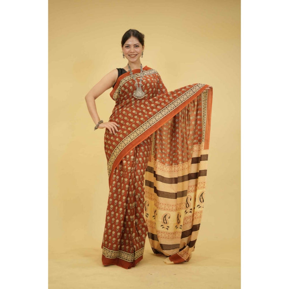 Isadora Life Womens Floral Printed Brown Pre-Draped Saree With Unstitched Blouse
