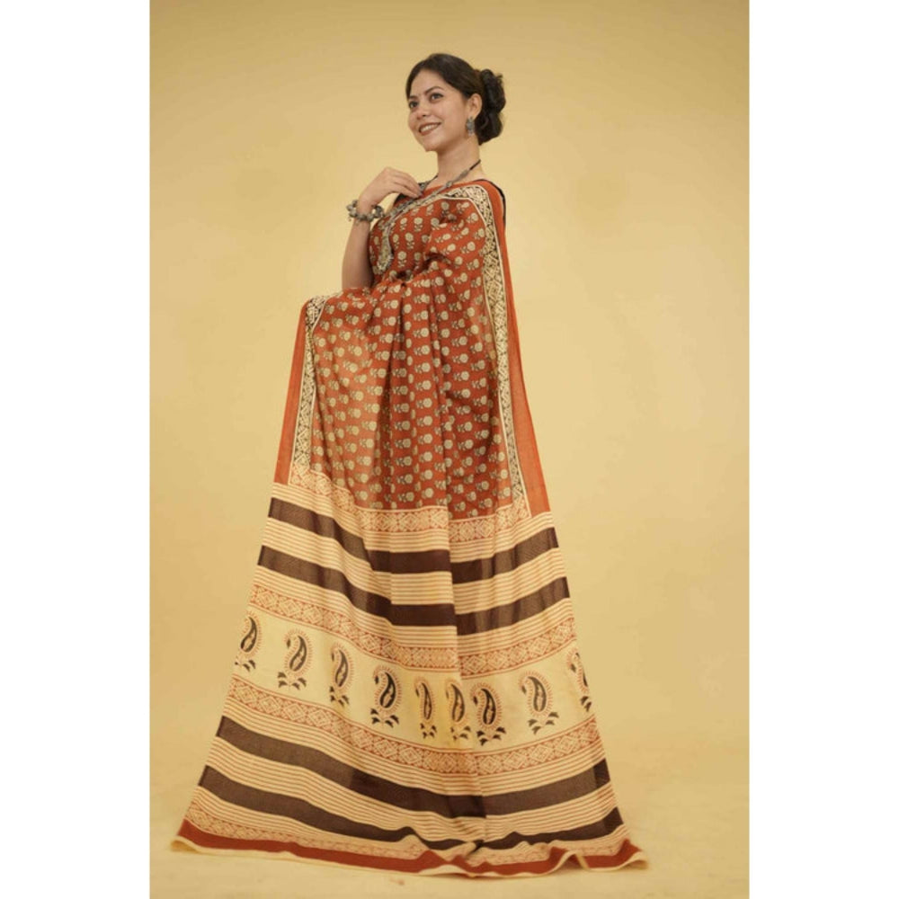 Isadora Life Womens Floral Printed Brown Pre-Draped Saree With Unstitched Blouse