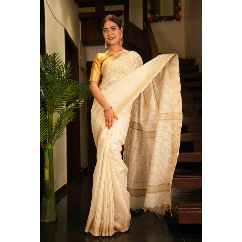 Isadora Life Womens Checks Zari Ivory Pre-Draped Saree With Unstitched Blouse