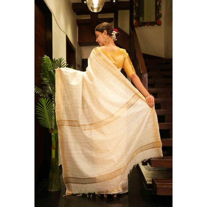 Isadora Life Womens Checks Zari Ivory Pre-Draped Saree With Unstitched Blouse